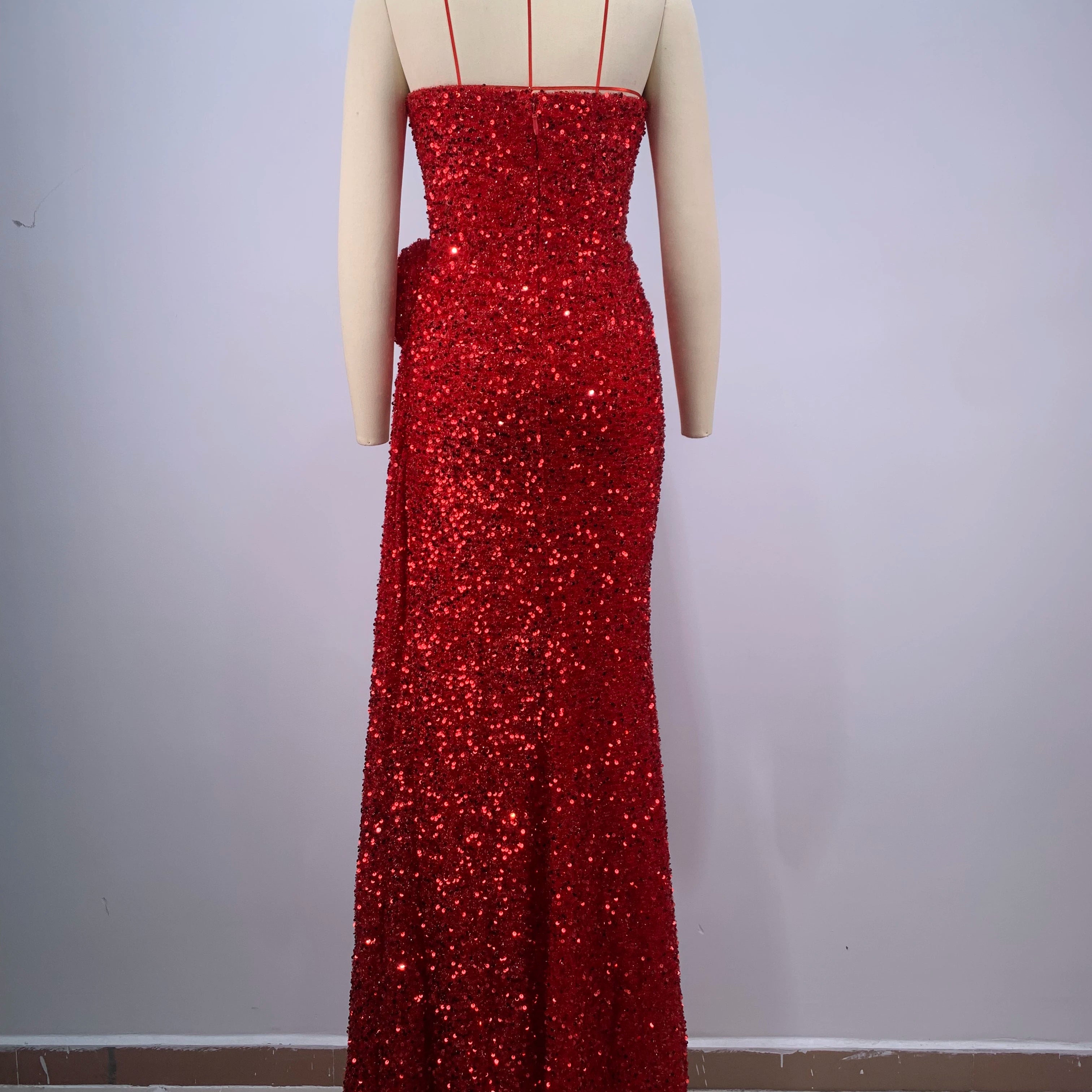 2024 Red Color Women Sexy Strapless Shinning Sequins Floor-lenght Dress Wedding Party Celebrate Prom Dress Vestido