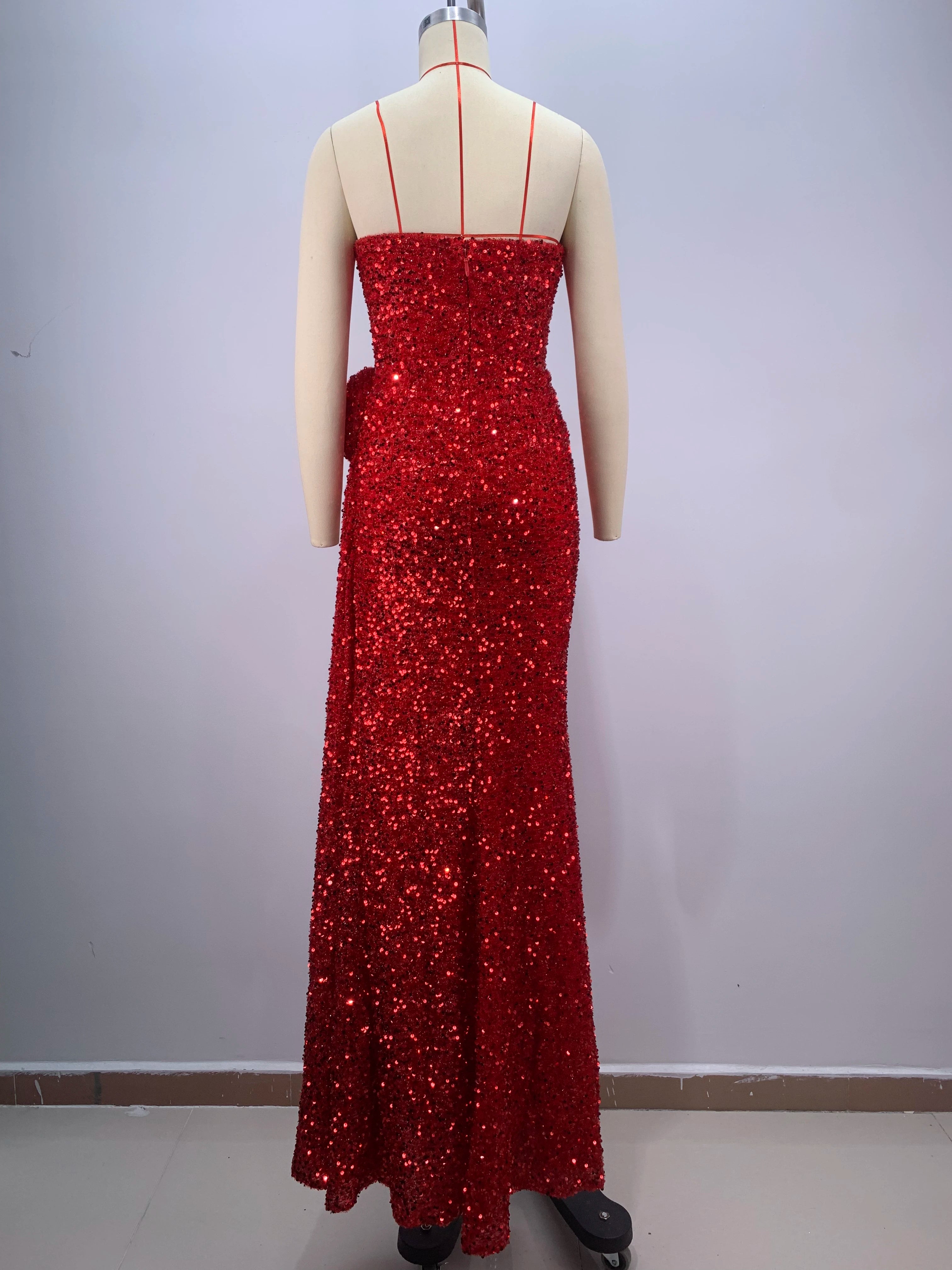 2024 Red Color Women Sexy Strapless Shinning Sequins Floor-lenght Dress Wedding Party Celebrate Prom Dress Vestido