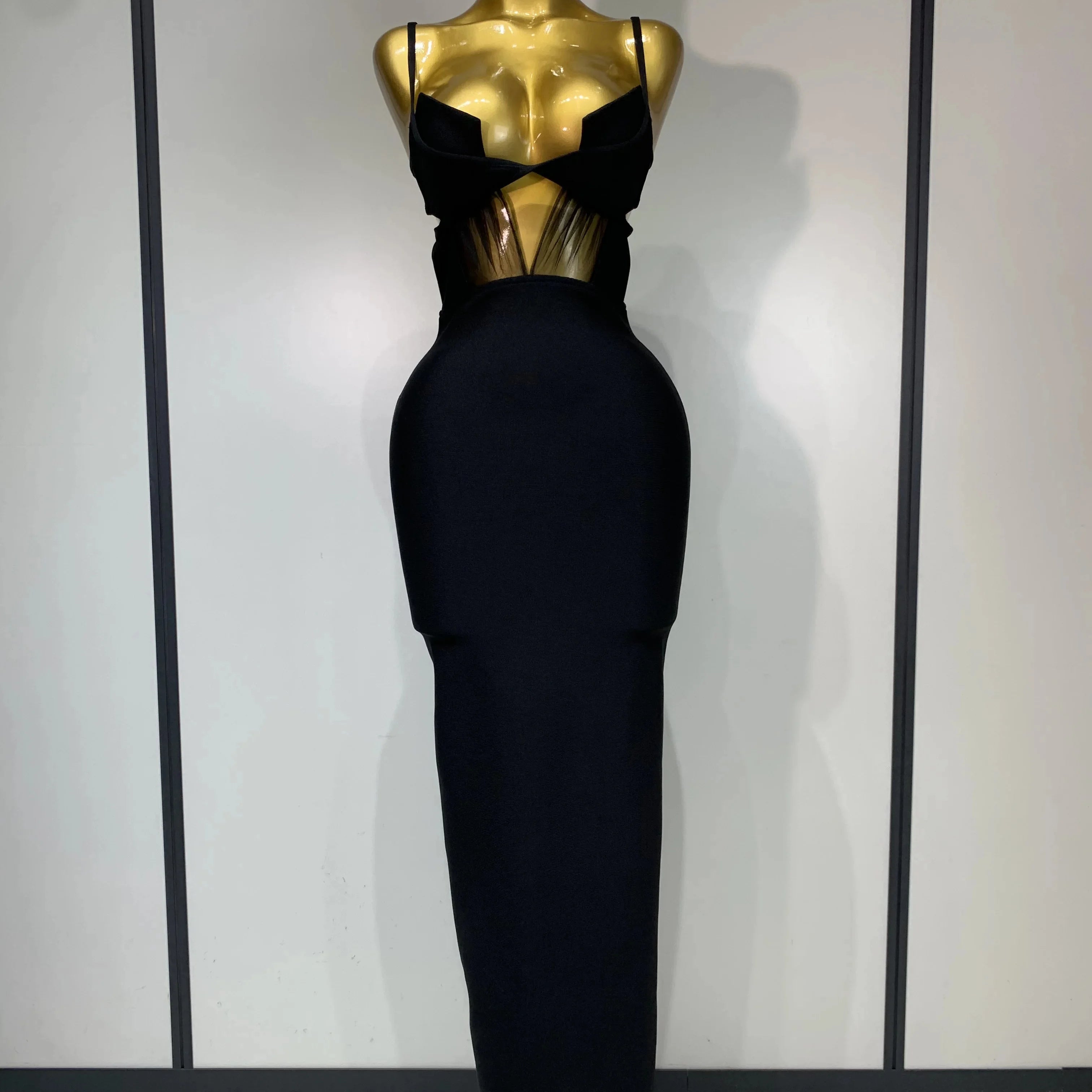 Fashion Black Spaghetti Strap Maxi Long Bandage Dress Mesh Cut Out Elegant Celebirty Bodycon Evening Club Party Birthday Dresses black