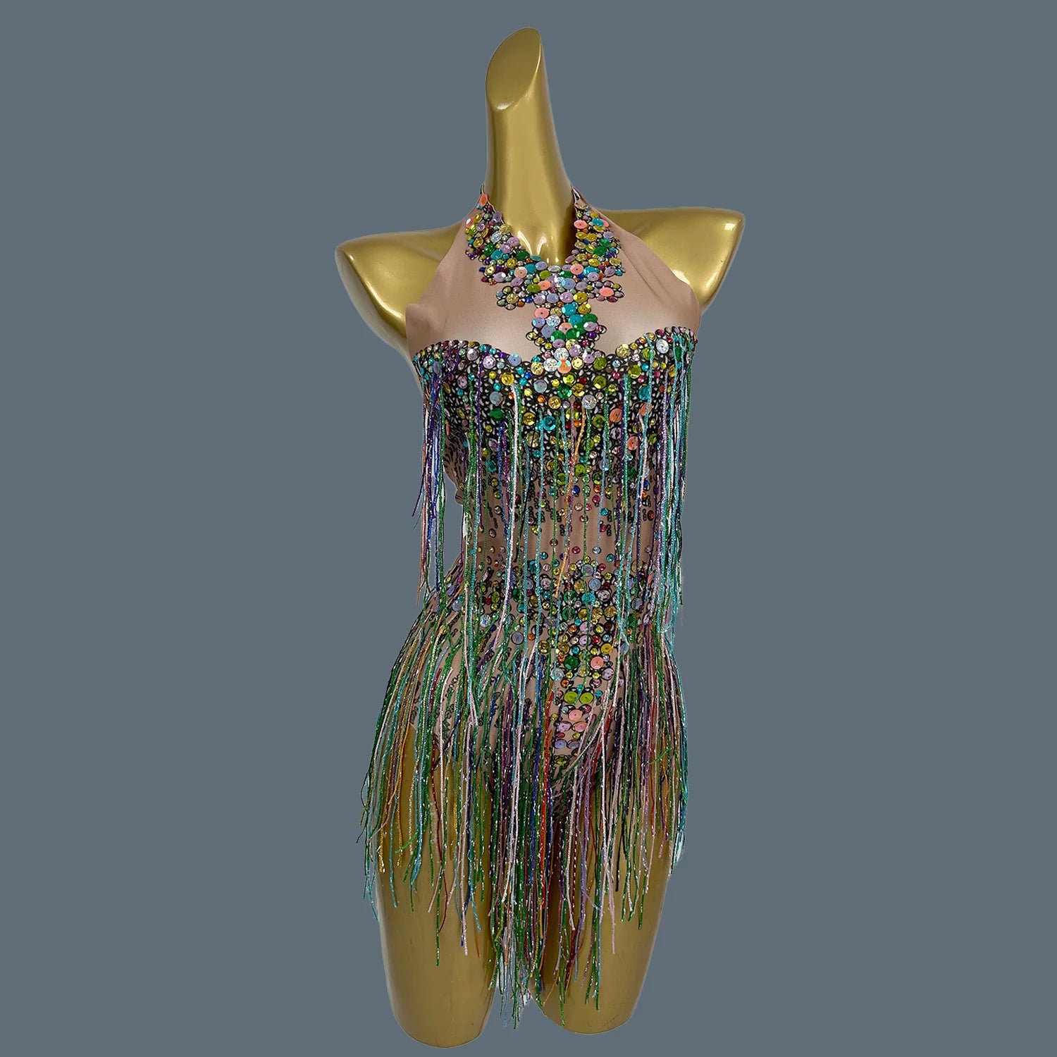 Women's Colourful Rhinestones Tassel Bodysuit Sequins Sleeveless Leotard Sexy Dance Stage Performance Birthday Party Wucaibinfen