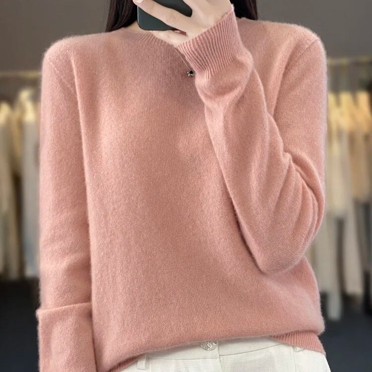 Women 100% Pure Merino Wool Knitted Sweater Autumn Winter Fashion O-Neck Top Cashmere Warm Pullover Seamless Jumper Clothes Pink