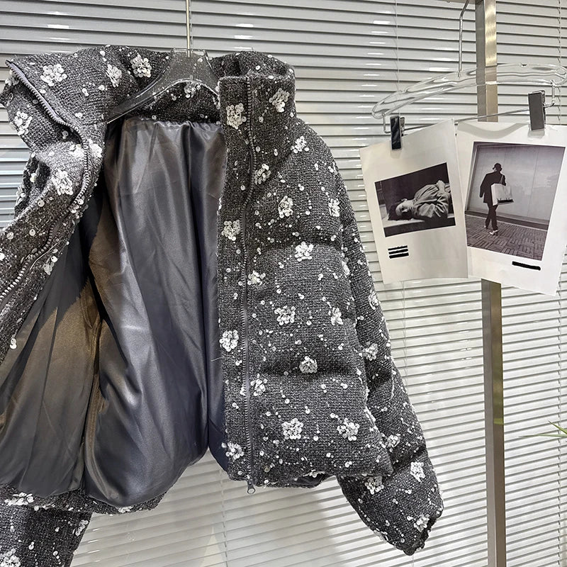 Winter New Fashion Style Sequin Flower Tweed Warm Jacket For Women Loose Cotton-padded Coat Female Trend 11A07496