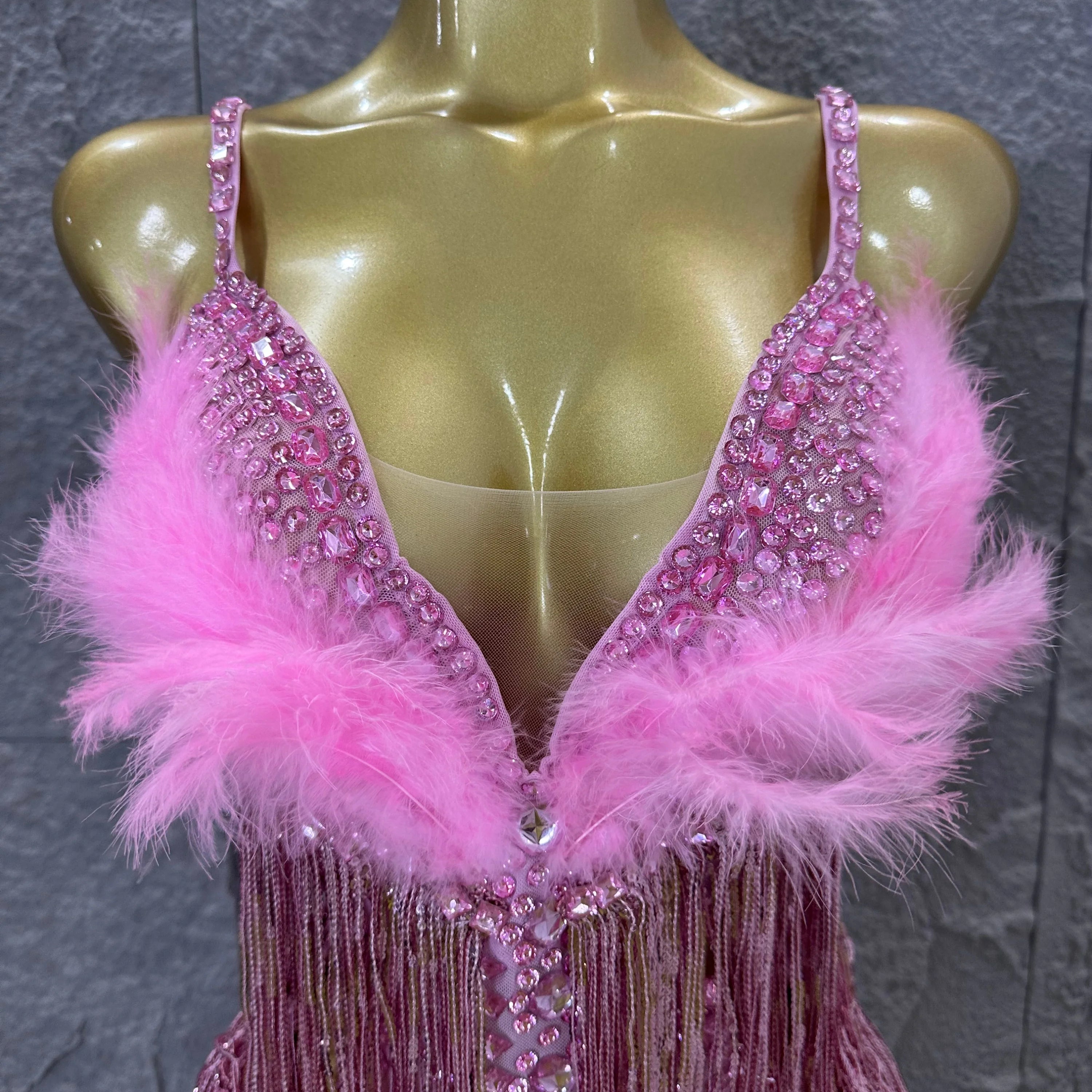 Opulent Pink Sparkly Rhinestone Feather Train Bodysuit Sexy Stage Performance Costume Singer Birthday Party Nightclub Outfit