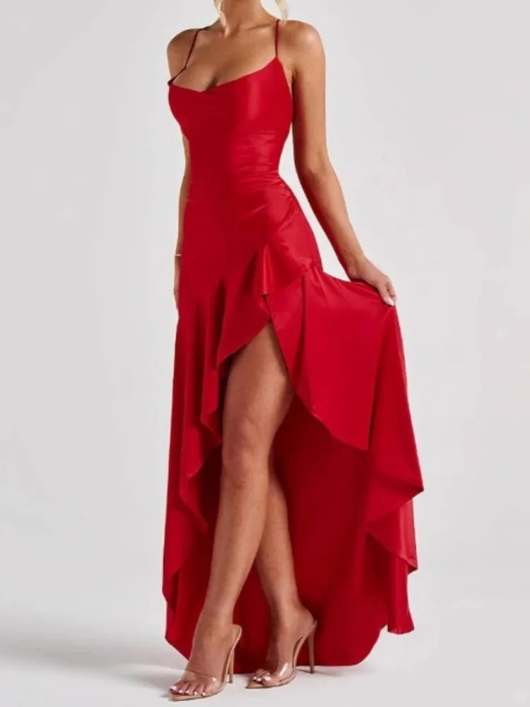 Satin Spaghetti Strap Ruffled Sexy Maxi Dress For Women Gown Red Off-shoulder Sleeveless Backless High Split Long Dress