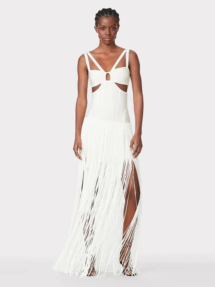 2024 Summer Sexy Tassel Bandage Dresses Women's Spaghetti Sleeveless Hollow Bodycon Long Dress Celebrity Evening Party Vesidos WHITE