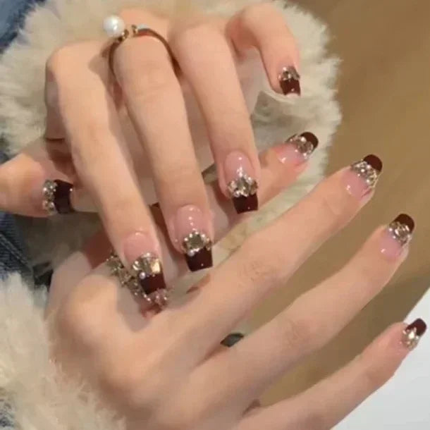 Shiny Crystal Glitter Powder Cat Eye Rhinestone Pearl Short Fake Nails Art Korean False Nails Zircon DIY Press on Nails Manicure MT2342GN026