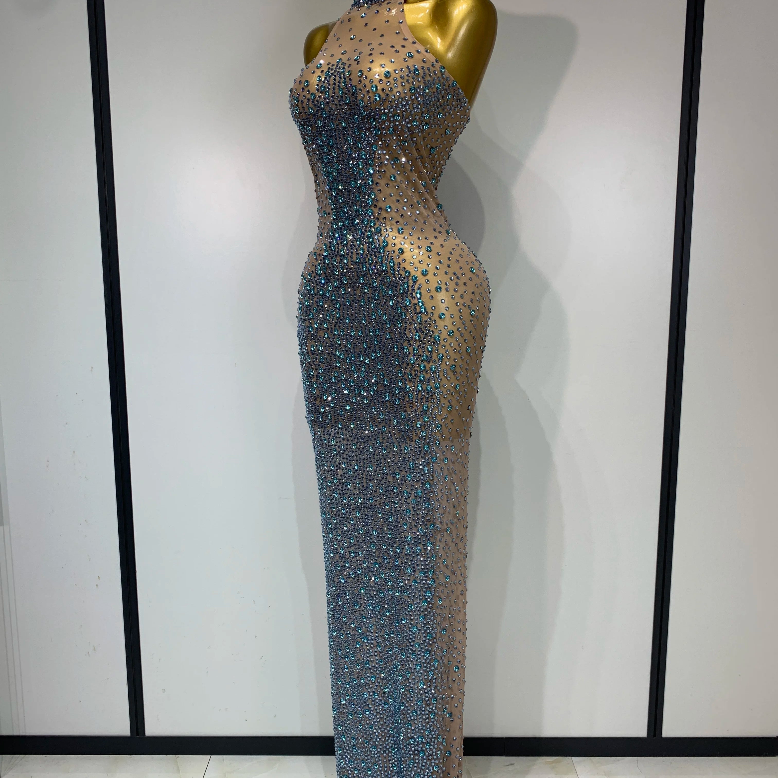 Sparkly Rhinestones Sleeveless Dress Sexy Mesh Transparent Celebrate Evening Wedding Prom Luxury Birthday Dresses Stage Outfit