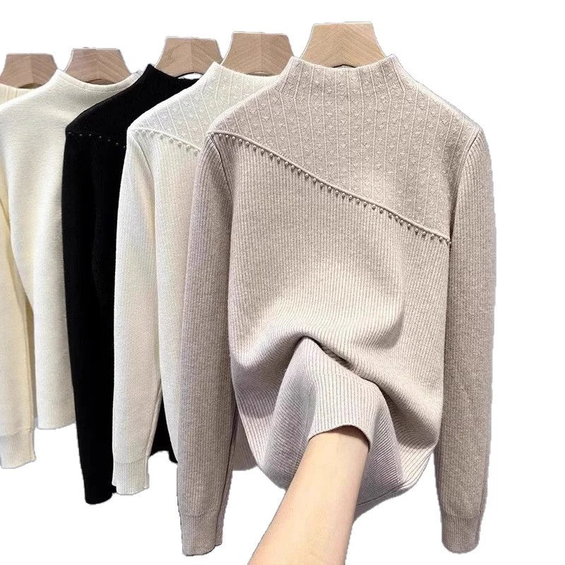 Autumn Winter New Thickened One-Piece Fleece Half High Collar Knitted Base Shirt For Women Inner Pullover 11A07626
