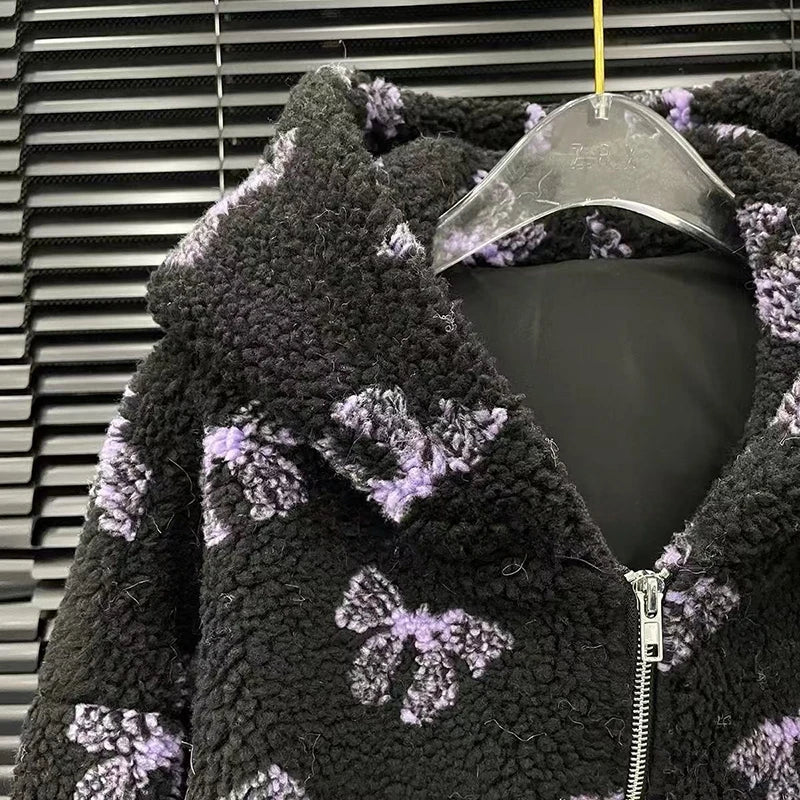 Autumn Winter New Fashion Women's Set Bowknot Printed Design Hooded Loose Zipper Coat Elastic Waist Shorts 11A07780