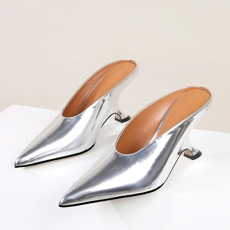 Eilyken Pointed Toe Women Slippers Shoes Designer Shallow Wedges High Heels Banquet Mule Zapatos De Mujer Silver