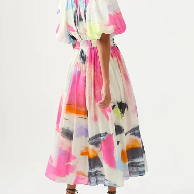 VGH Tie Dye Slim Dress Female Stand Collar Puff Half Sleeve High Waist Spliced Ruffles A Line Long Dresses Female Summer Clothes