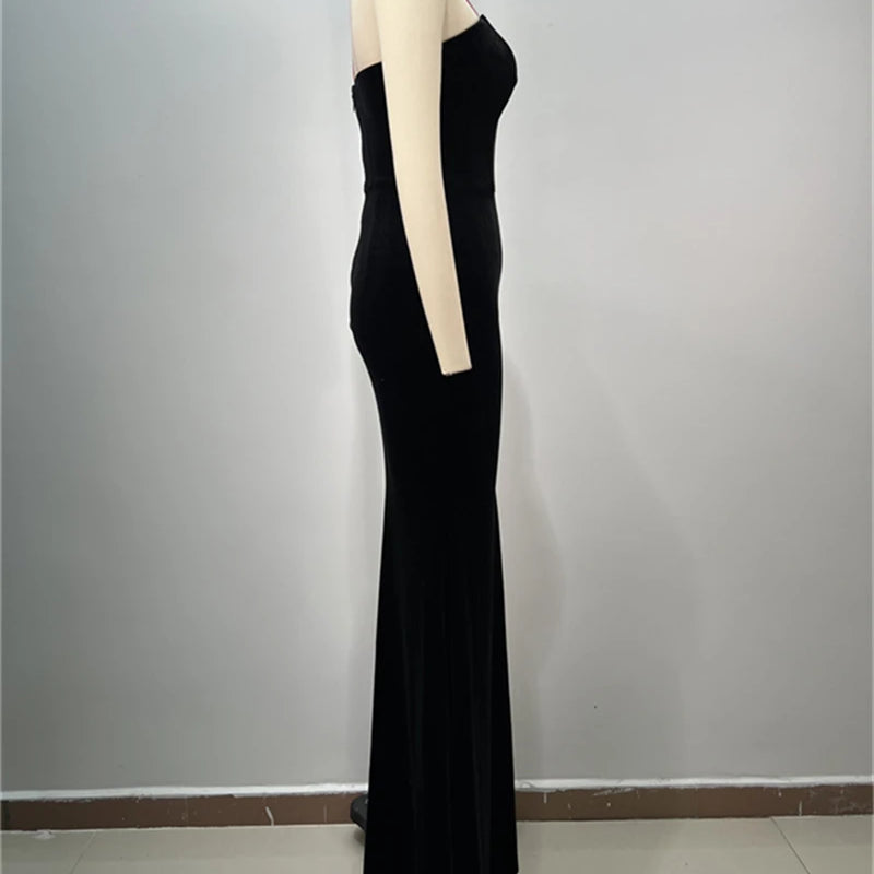 2025 Luxury Shining Diamonds Sexy High Slit Stapless black velvet Long Dress Elegant Woman Birthday Party Dress Goddess Vestido