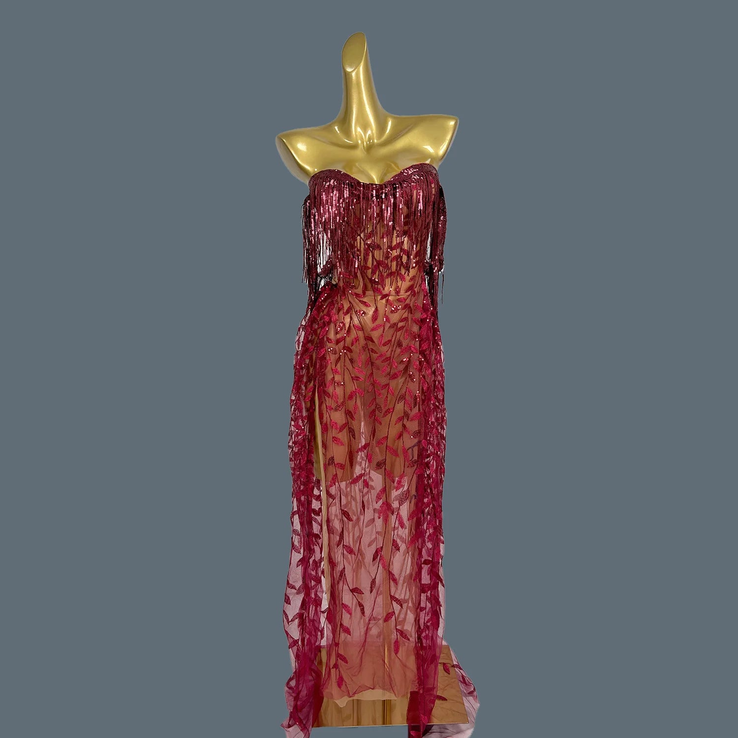 Women Sequins Dress Party Birthday Maxi Dress for Lady Strapless Tassel Gowns Prom Singer Stage Club Show Wear High-end Liushu Red One Size