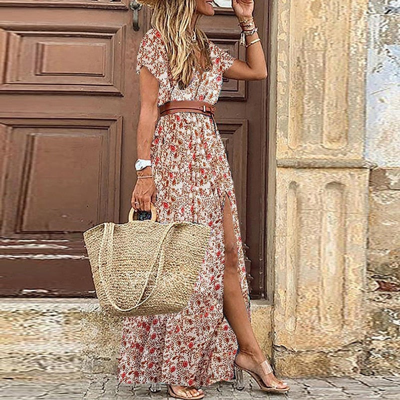 Women Boho Long Dress Fashion Paisley Print V Neck Short Sleeve Dresses Summer Belt Large Hem Beach Dress Elegant Slit Skirt