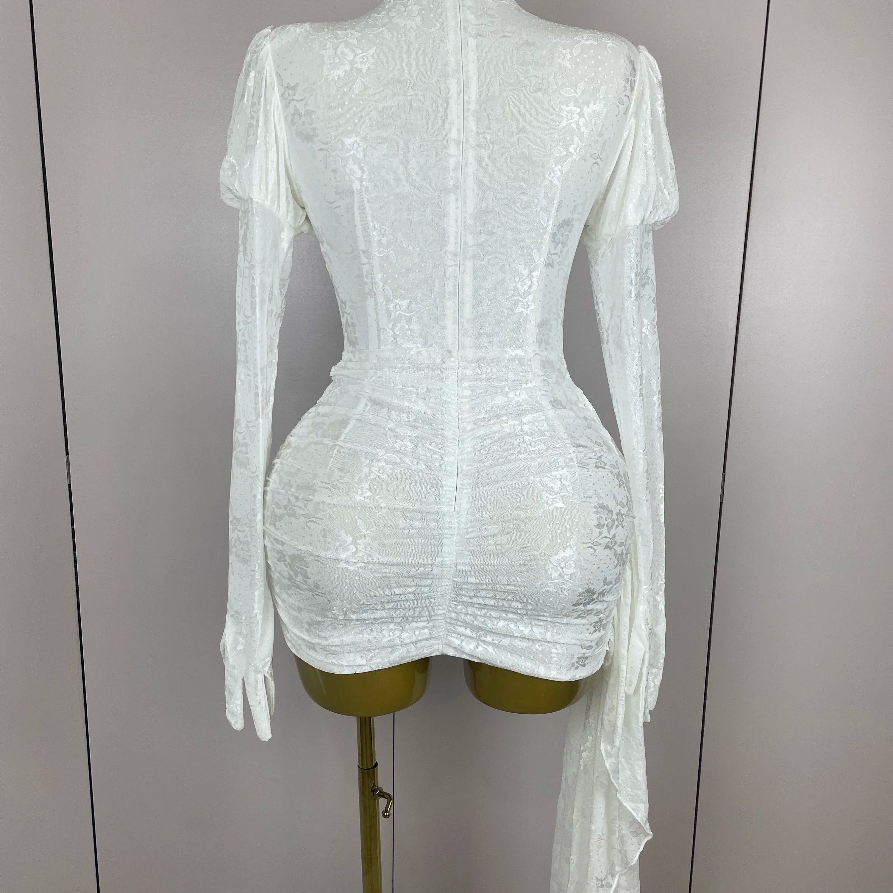 2025Women White Birthday Dress Fashion Long Sleeve O Neck Cut Out Bodycon Mini Trailing One Piece Celebrity Evening Club Dresses
