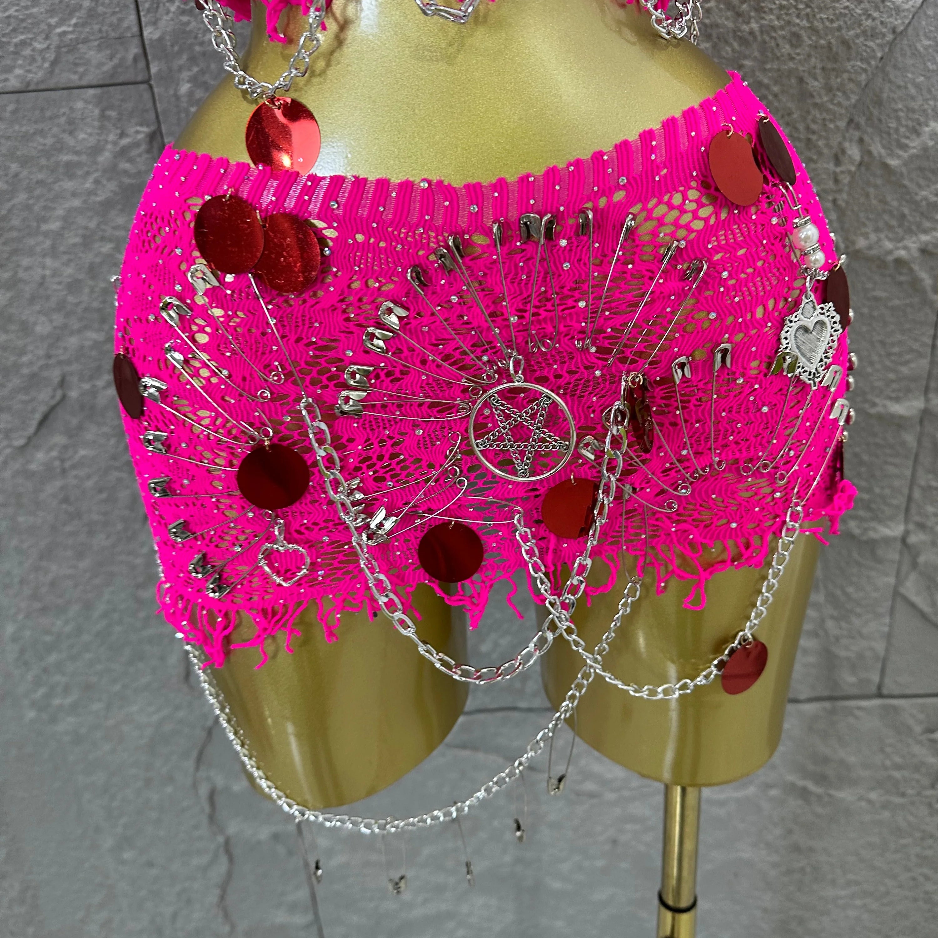 Women Sexy Safety Pin Lace Two Piece Set Halter Neck Sequin Embellished Crop Top & Mini Skirt Outfit Stage Performance Costume