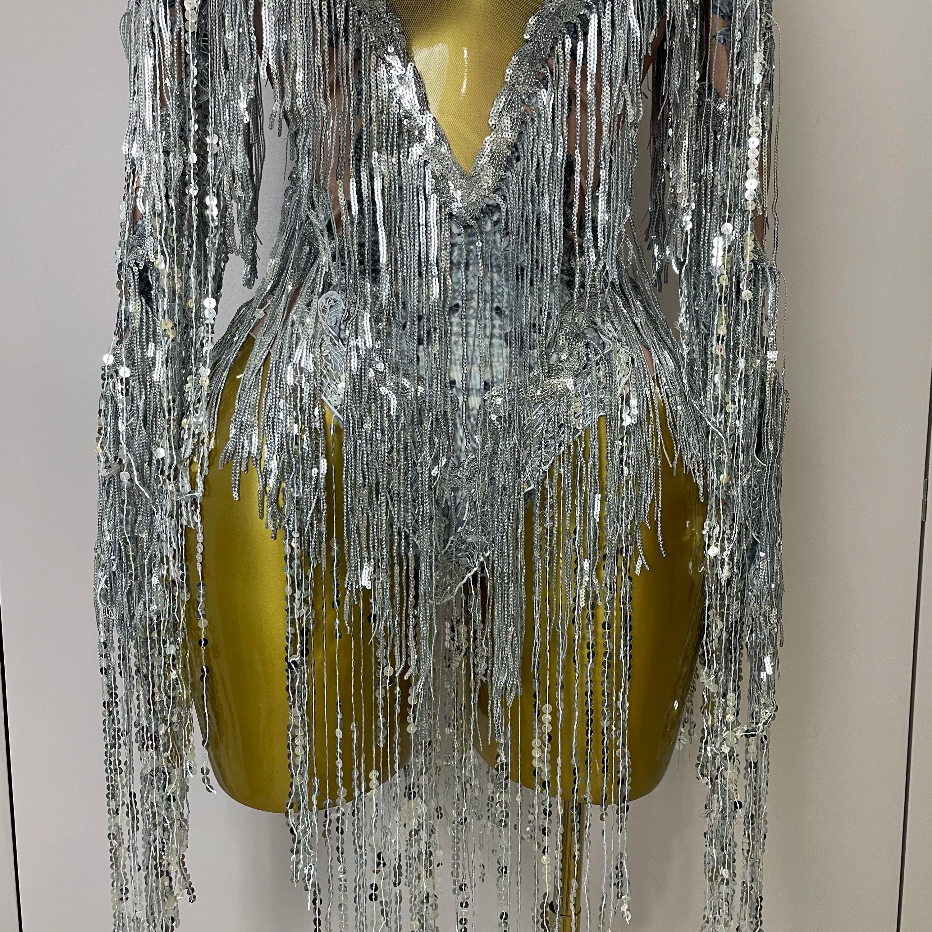 STOCK 2025 Flashing Sequins Tassels Sexy See-Through Sheath Bodysuit Evening Party Nightclub Dancer Stage Perfprmance Costume
