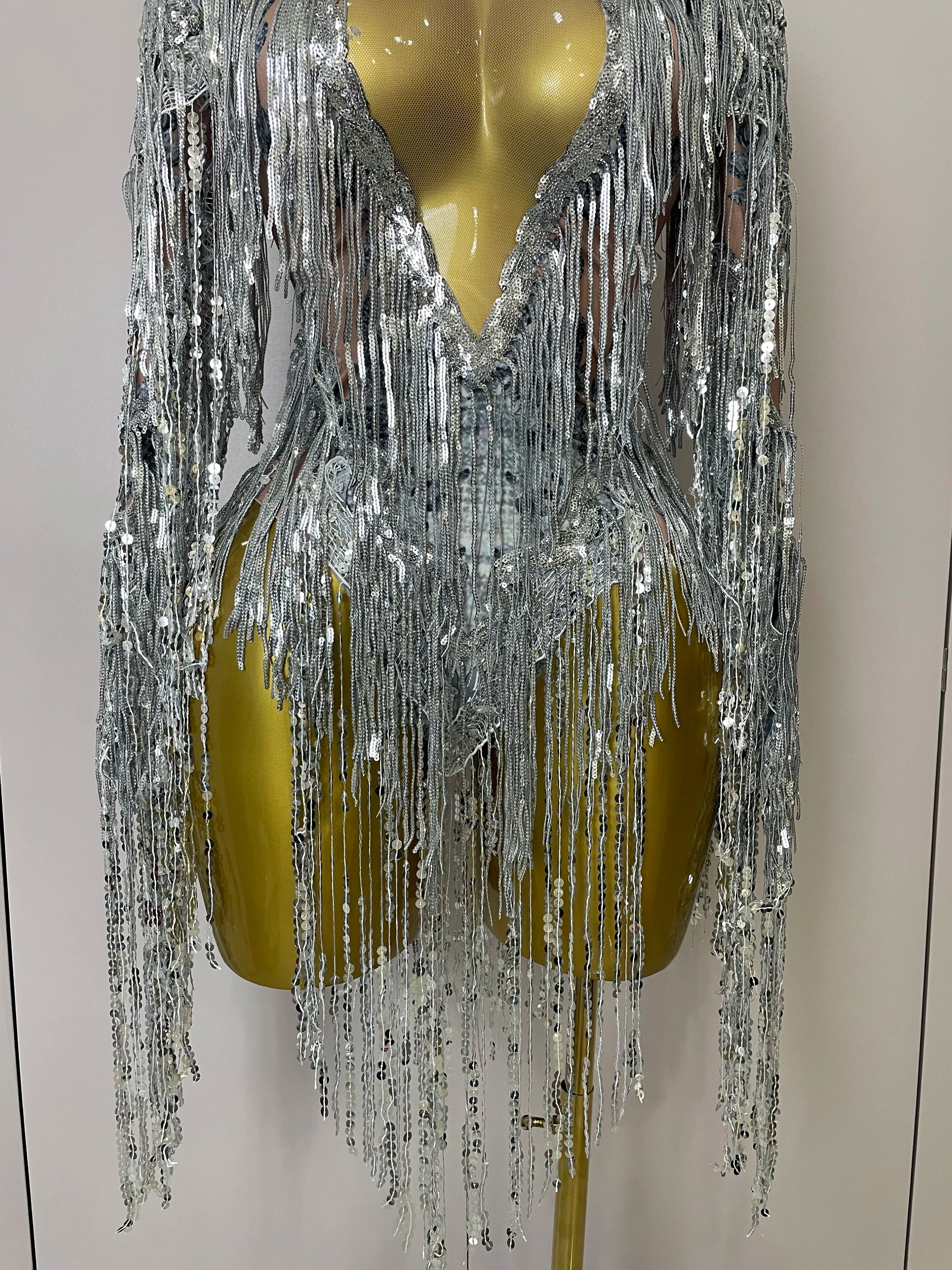 STOCK 2025 Flashing Sequins Tassels Sexy See-Through Sheath Bodysuit Evening Party Nightclub Dancer Stage Perfprmance Costume