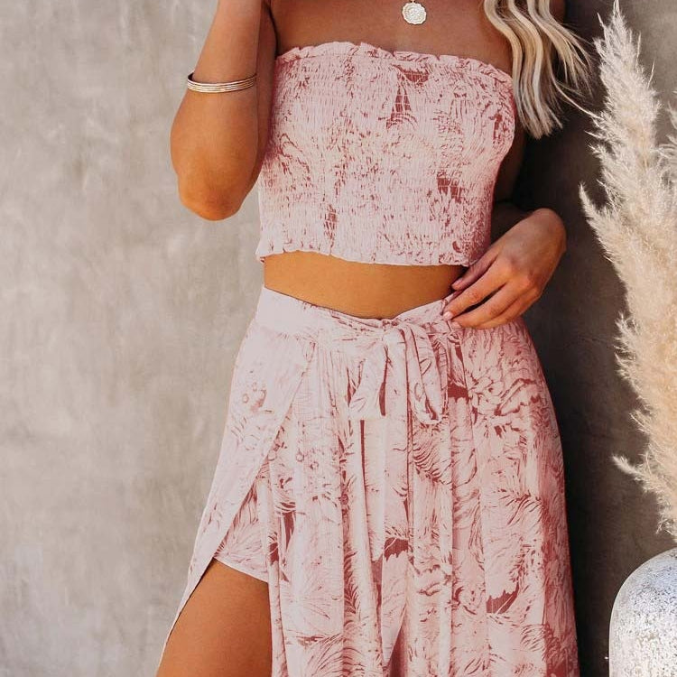 Sexy 2 Pieces Sets Blue Printing Summer Women Floral Clothes Sets Tank Top Wide Leg Pants Outwear