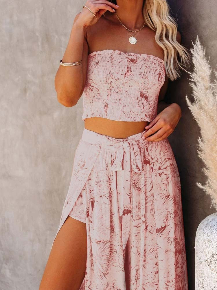 Sexy 2 Pieces Sets Blue Printing Summer Women Floral Clothes Sets Tank Top Wide Leg Pants Outwear