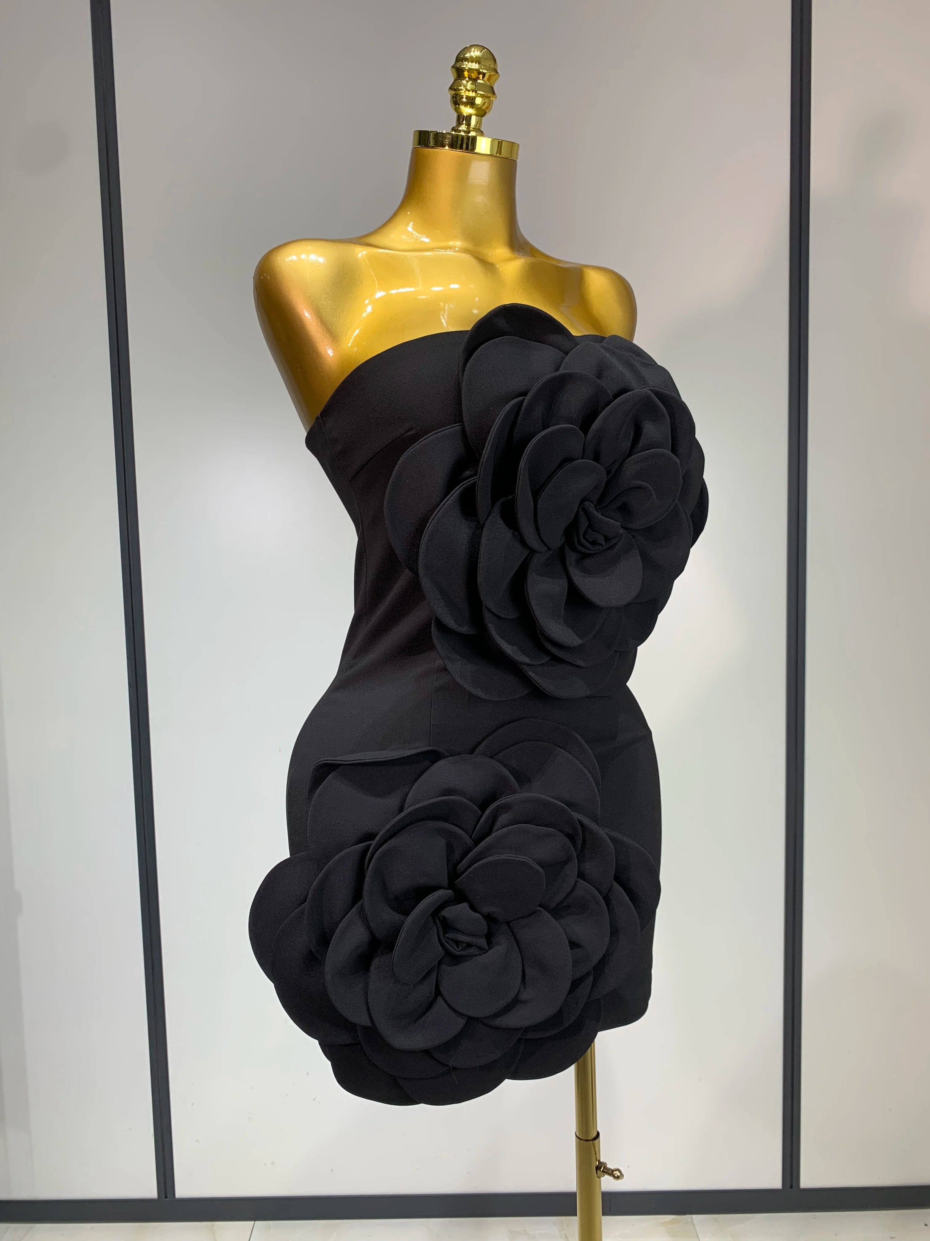 Women Sexy Strapless Backless Flower Black Mini Bodycon Dress 2025 Celebrity Elegant Evening Club Party Outfit Birthday Dresses