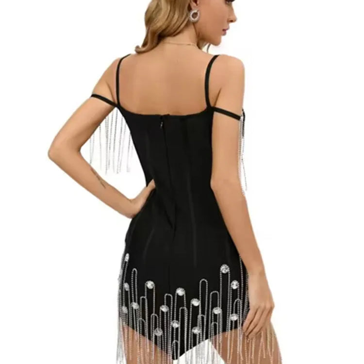 Women Celebrity Sexy Off Shoulder Diamonds Crystal Sparkly Black Bodycon Bandage Dress 2024 Elegant Evening Club Party Dress