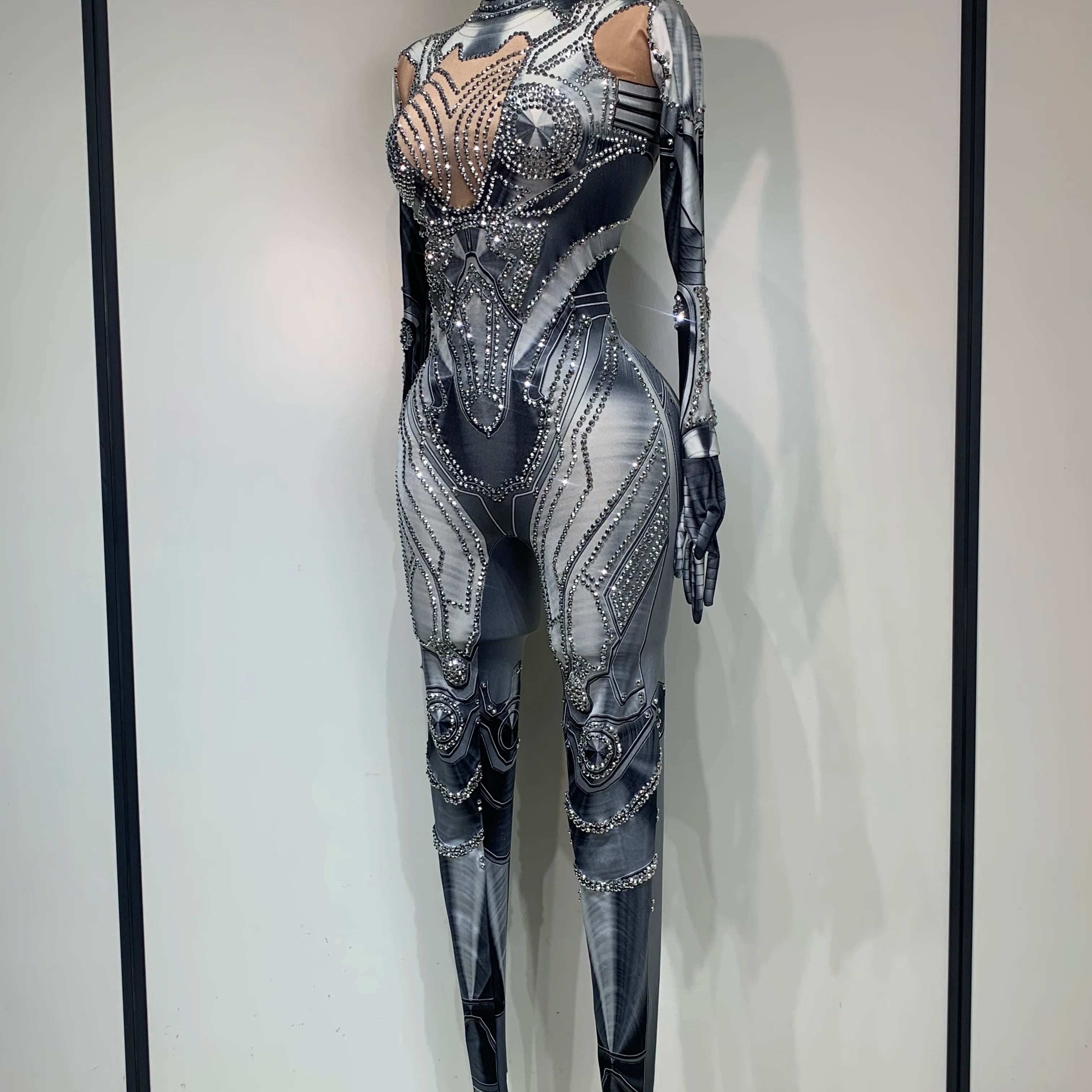 2025 Sexy Stretchy Performance Dance Nightclub Rompers Singer Stage Wear Sparkly Rhinestones Jumpsuit Gloves for Women Costume