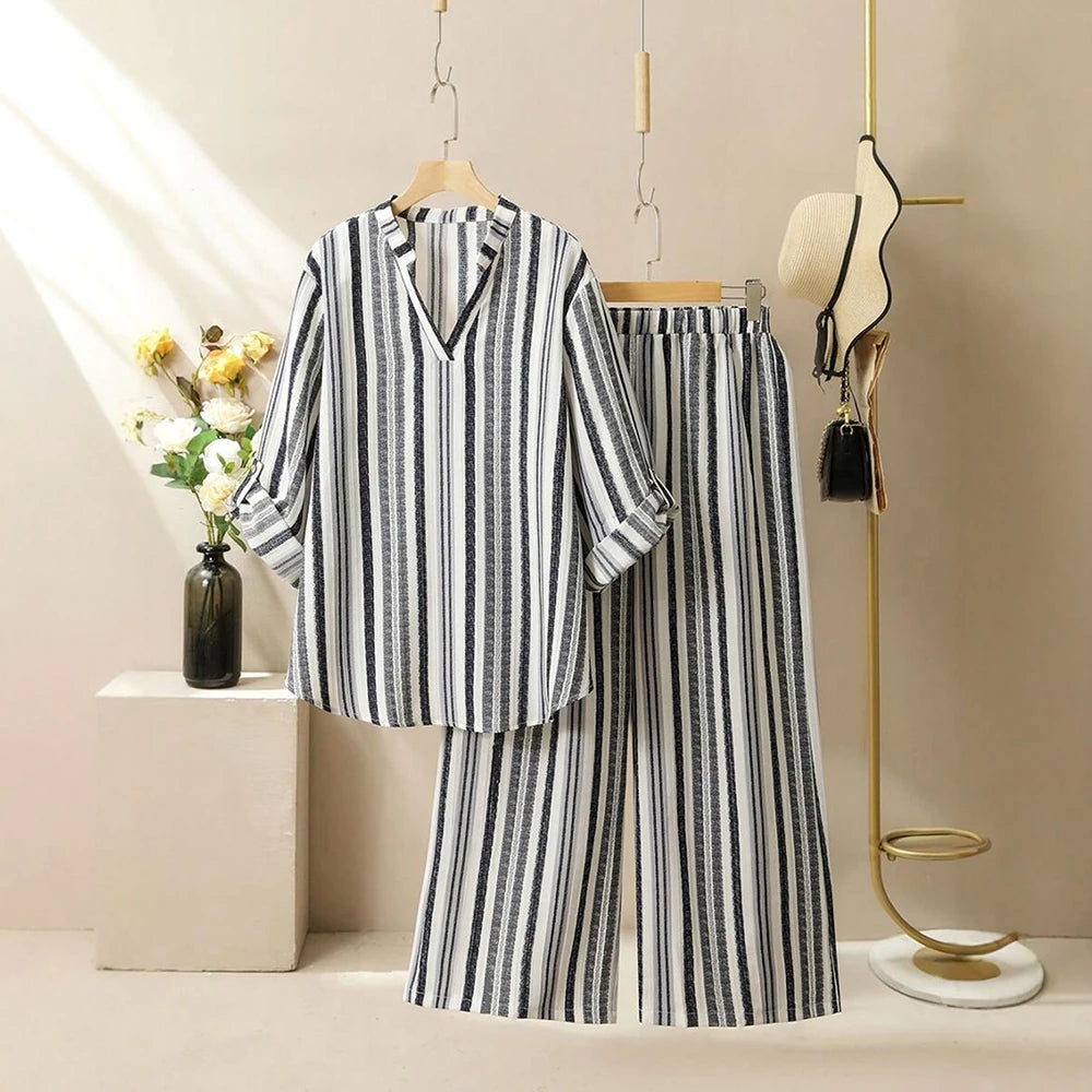 Plus Size Rafiah Women's Sets Summer Simple Basics Stripes Short Sleeve V-Neck Natural Waist Ankle Wide Leg Casual Sets