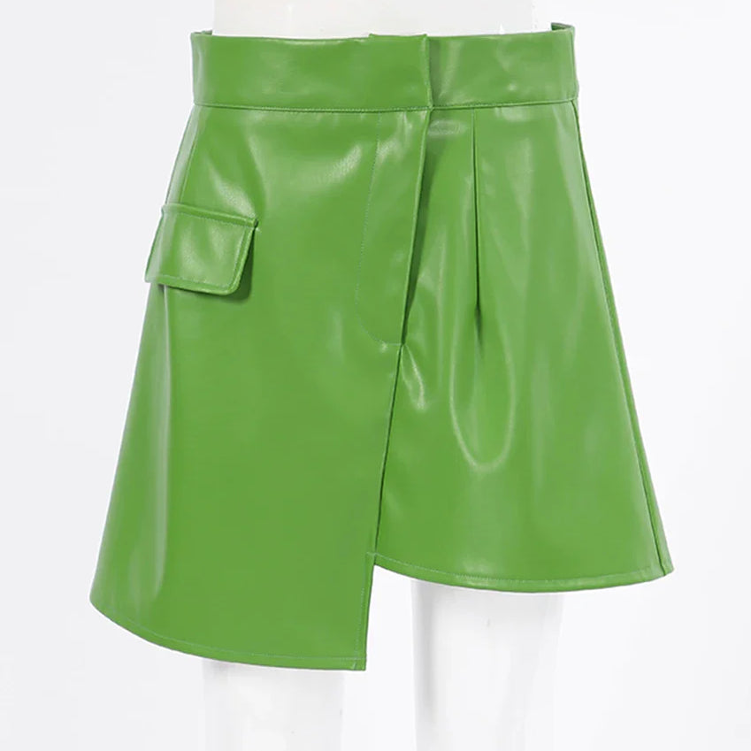 Bclout Autumn Green Leather Skirts Womens 2022 Elegant High Waist Office Lady Patchwork Mini Skirt Fashion Sexy Short Skirts Y2k