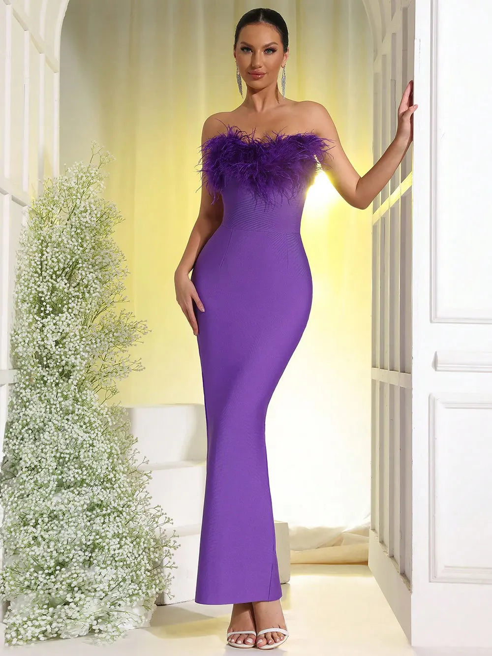 2025 Spring Sexy Women Feather Design Bandage Dress Strapless Sleeveless Bodycon Backless Long Dress Evening Club Party Vestidos PURPLE