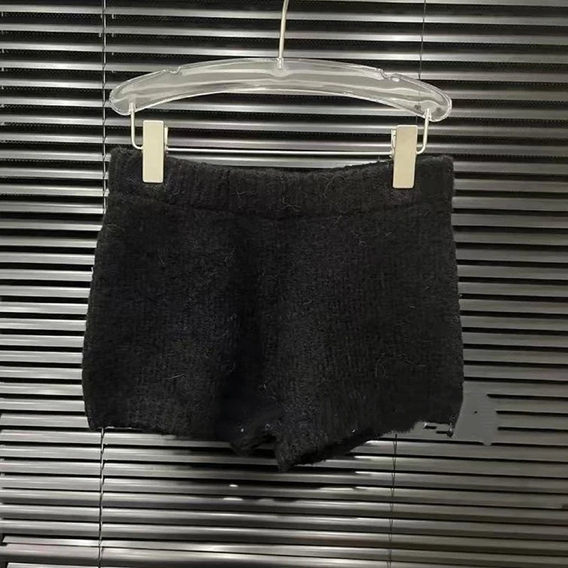 Autumn Winter New Large Fur Collar Knitted Soft Warm Sweater For Women Casual Solid Color Shorts Female 11A07781 only Black Shorts