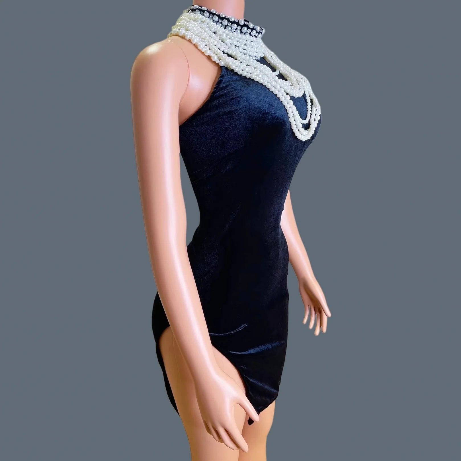 Pearl Necklace Velvet High Slit Mini Dress Luxury Dinners Event Sleeveless Evening Dress Nightclub Prom Sexy Short Dress Guilin