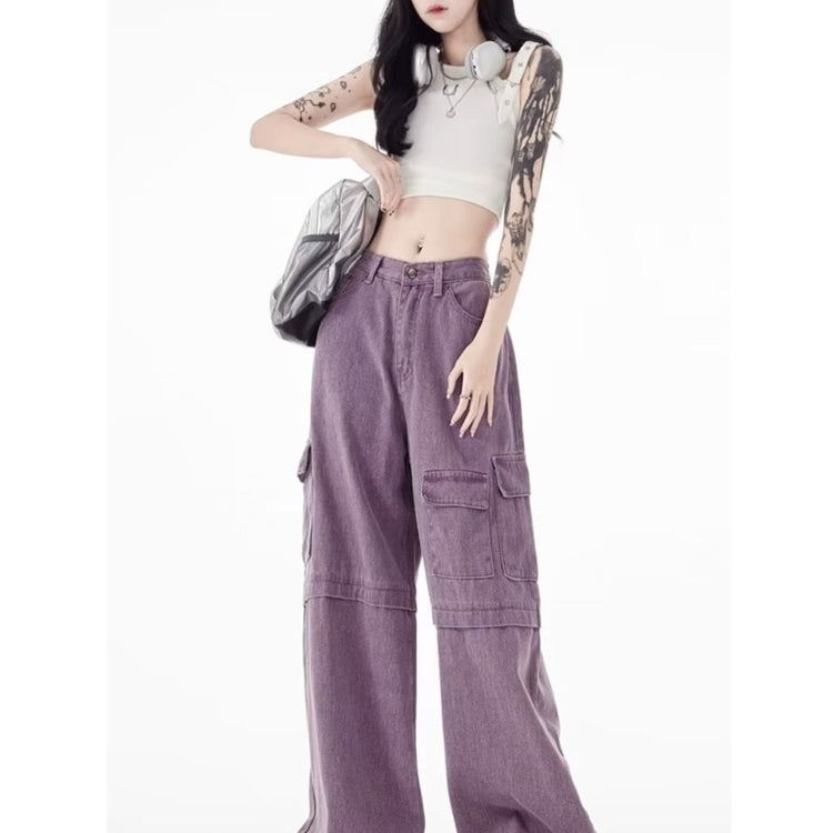 Vintage Purple Cargo Pants New Multi Pocket High Waist Casual Loose Drag Thin Wide Leg Pants Women's Jeans