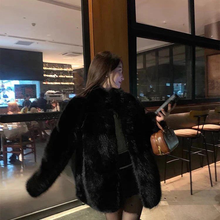 Autumn Winter Black Soft Thick Warm Hairy Shaggy Faux Fox Fur Coat Women Stand Collar Long Sleeve Fluffy Jacket 2023 Black