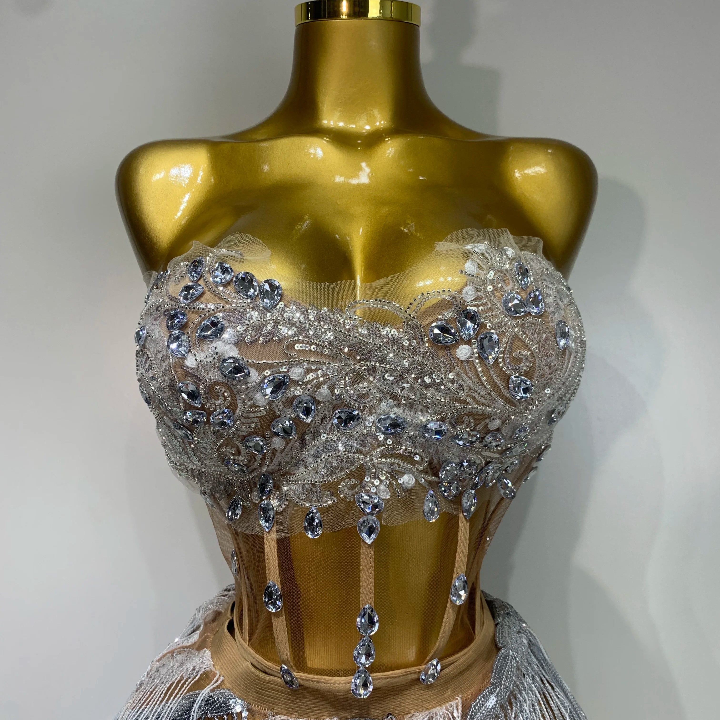 Women Sexy Singer Dancer Performan Costume Nightclub Bar Girl Sparkly Diamond Tassel Two Piece Set Evening Party Birthday Outfit