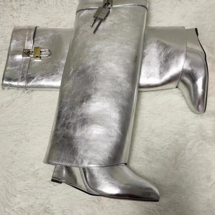 Women's Knee High Boots Shark Lock Long Thick Soled High-heeled Boots Designer Luxury Brand Women's Leather Boots Silver pu