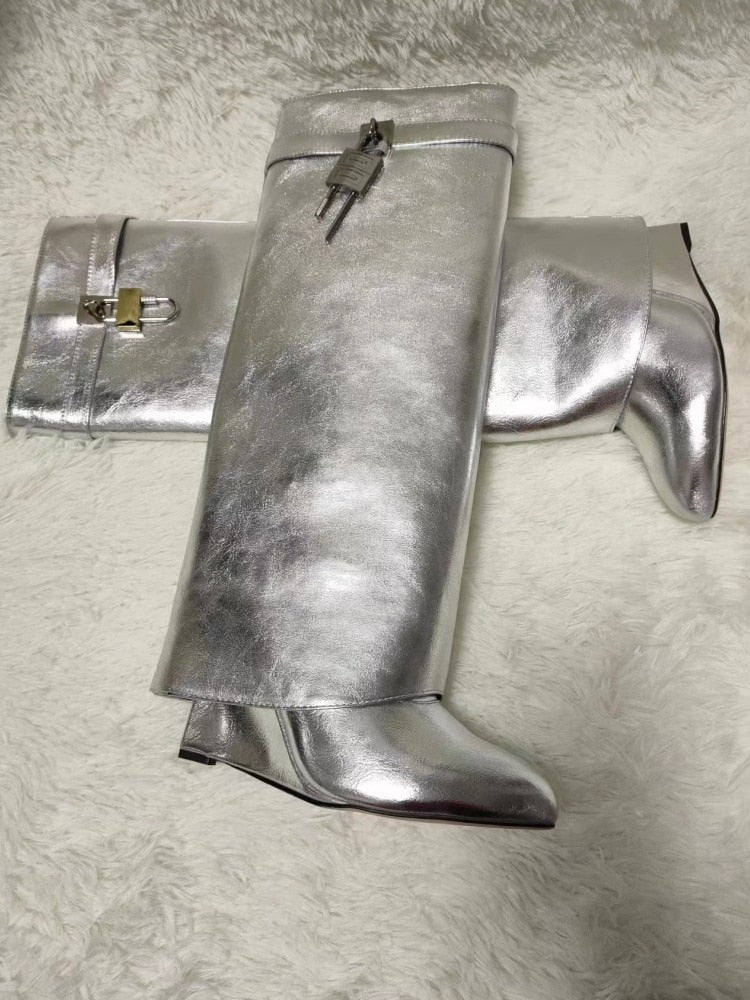 Women's Knee High Boots Shark Lock Long Thick Soled High-heeled Boots Designer Luxury Brand Women's Leather Boots Silver pu