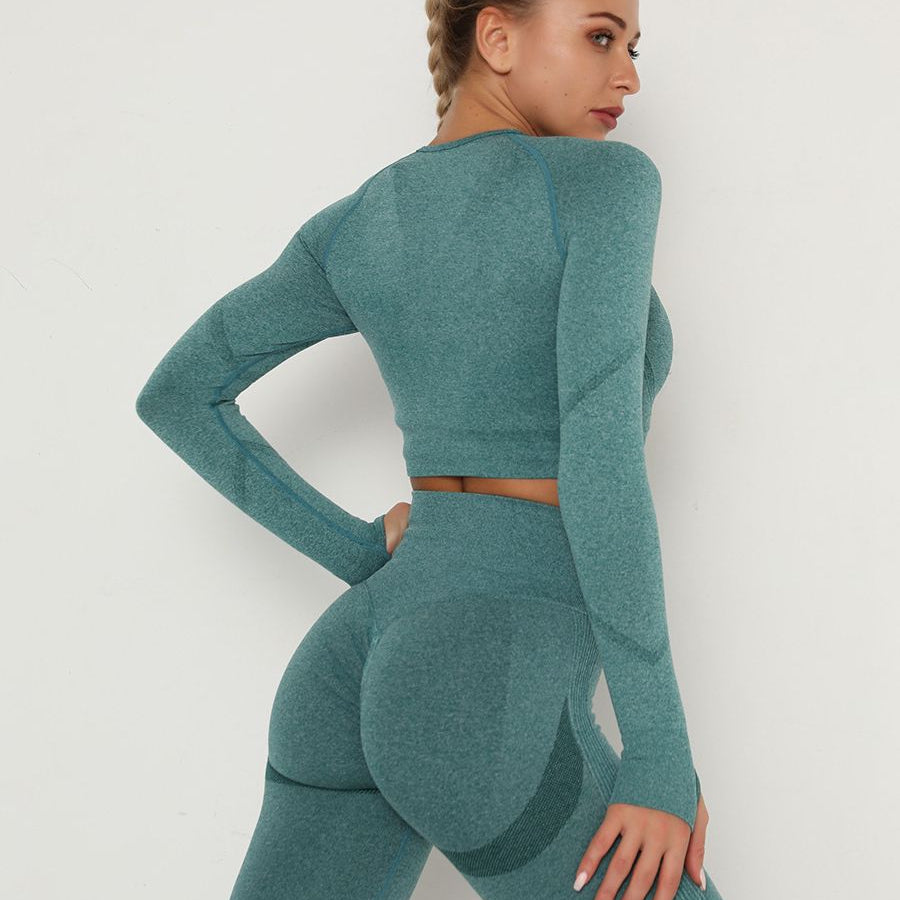 Women's Sets Skinny Tracksuit Breathable Bra Long Sleeve Top Seamless Outfits High Waist Push Up Leggings Gym Clothes Sport Suit New Set Green