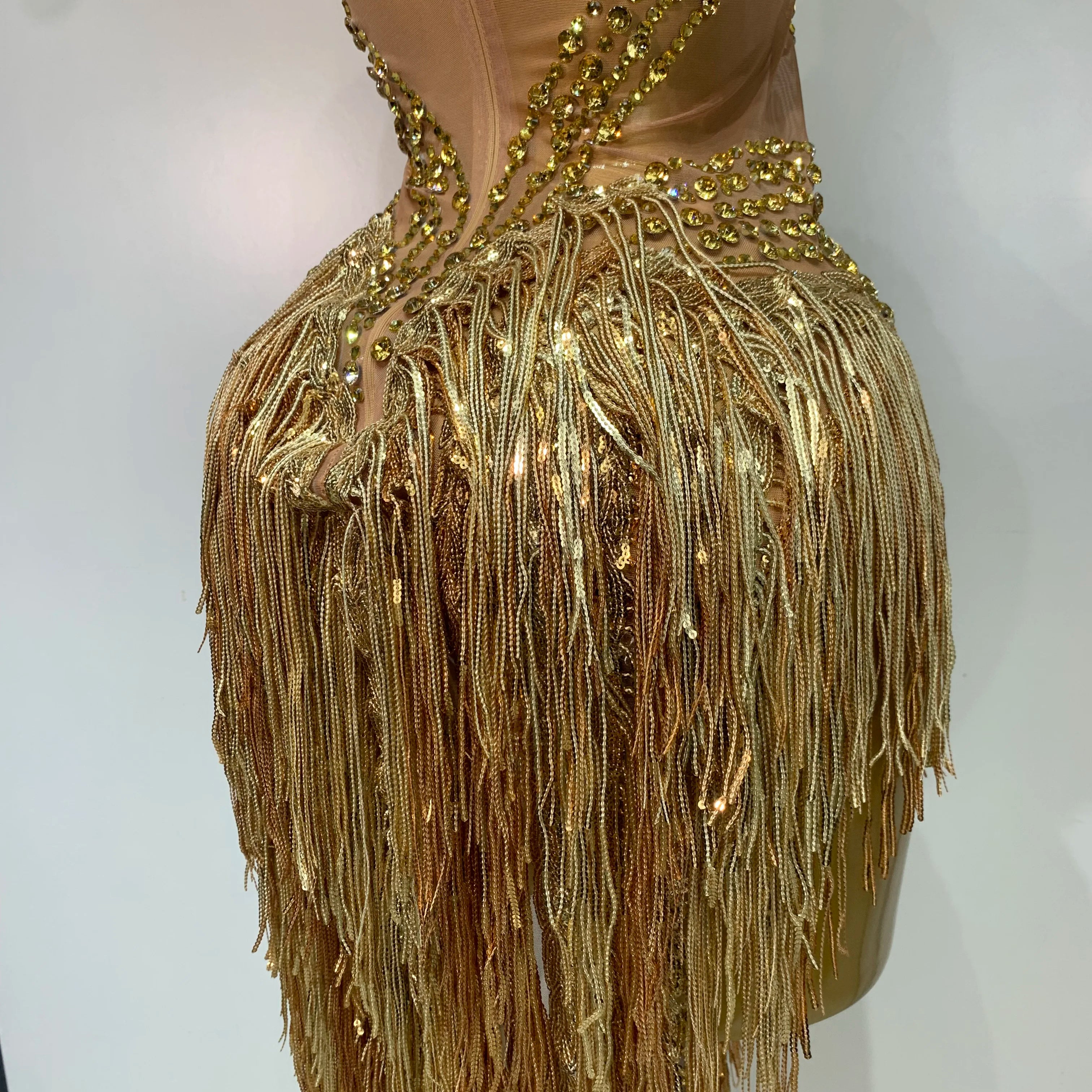 Women Sparkly Rhinestones Pearls Tassel Sexy Mesh See Through Dress Latin Dance Outfits Bar Nightclub Party Stage Costume