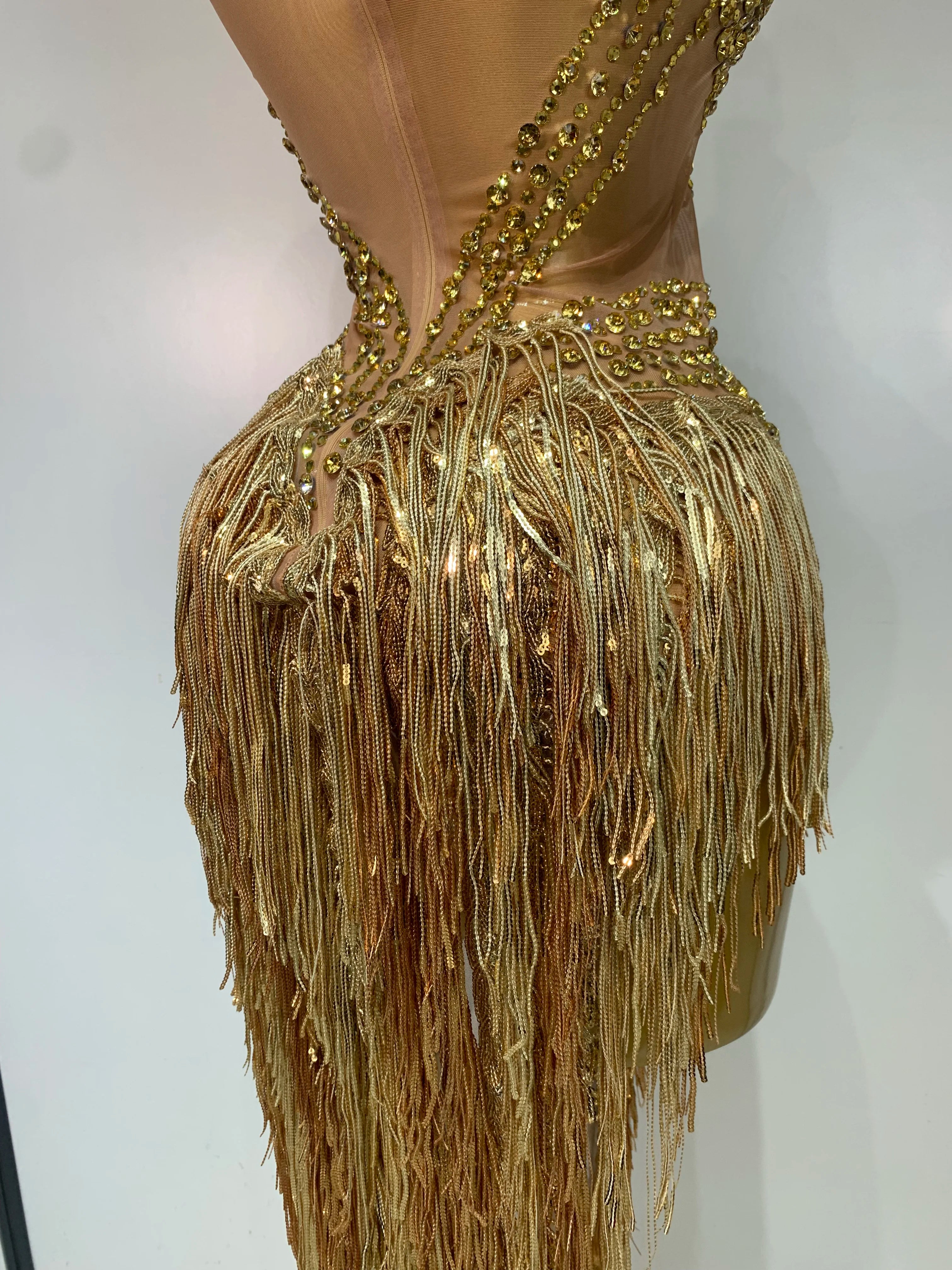 Women Sparkly Rhinestones Pearls Tassel Sexy Mesh See Through Dress Latin Dance Outfits Bar Nightclub Party Stage Costume