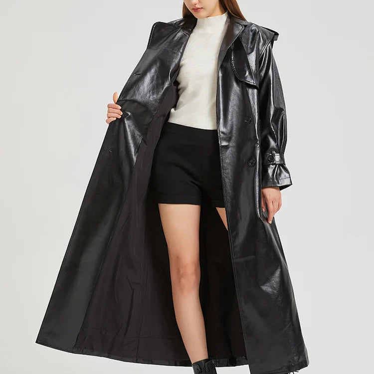 Autumn Extra Long Gold Shiny Patent Pu Leather Trench Coat for Women Single Breasted Luxury Designer Overcoat 2024