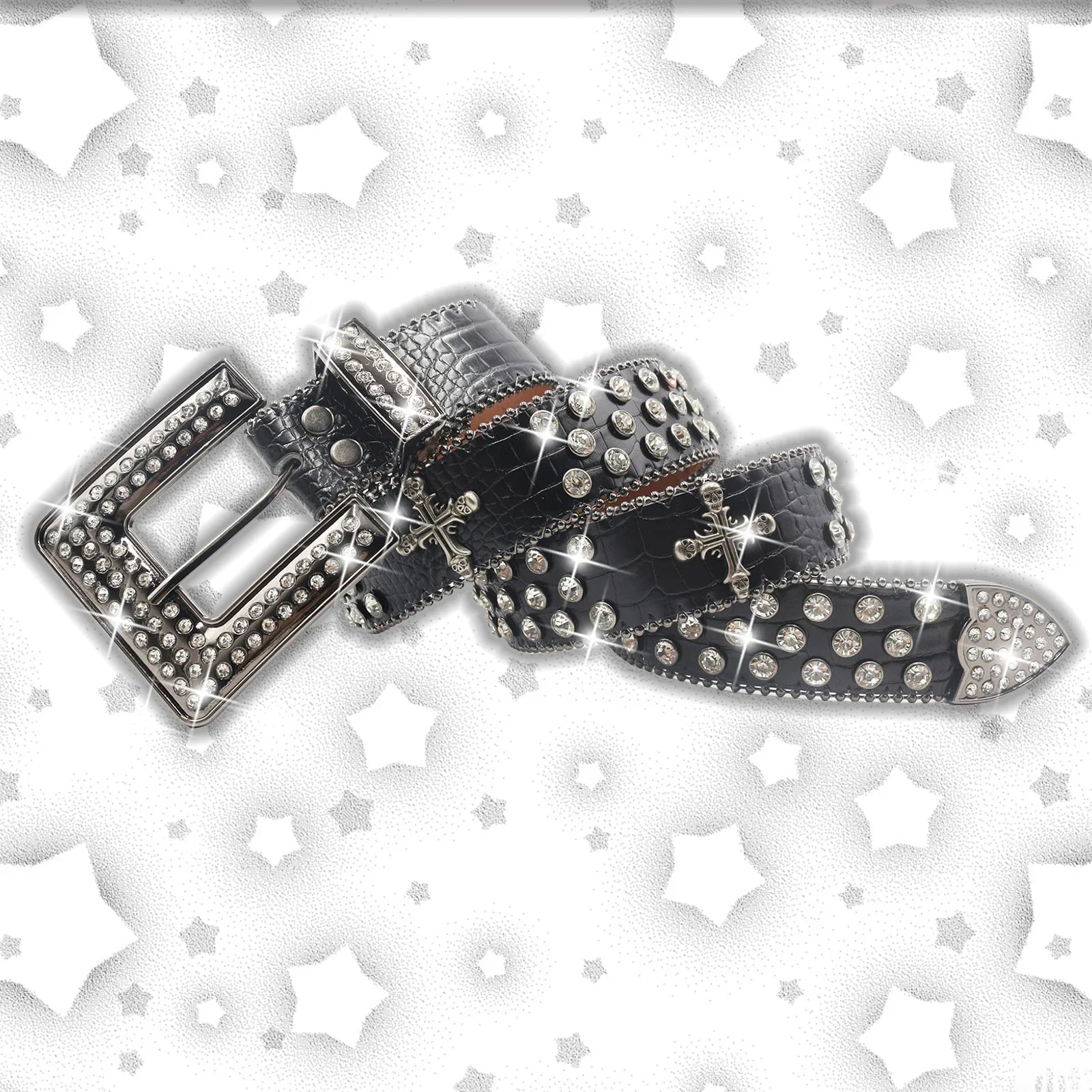 Vintage Dark Rhinestone Rivet Belt for Women Sequin Punk Hip Hop Jeans Accessories Luxury Designer bb Belt Beautiful FK-SZKLT-Black