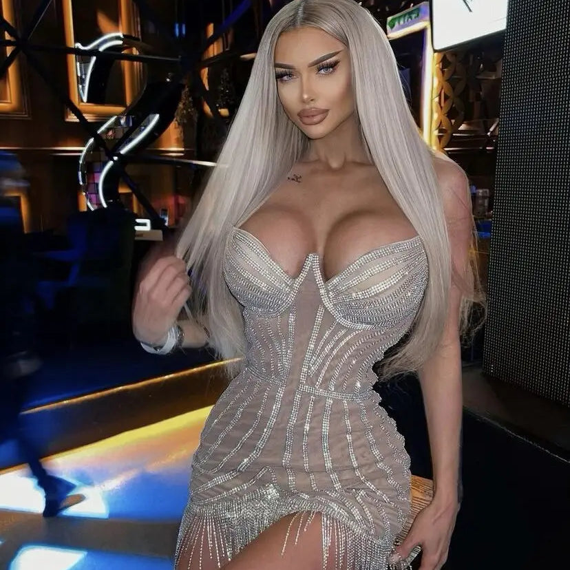 Black Khaki Pearls Sparkly Tassels Birthday Dress Women Sexy Club Wear Strapless Party Night Celebrity Mini Dress