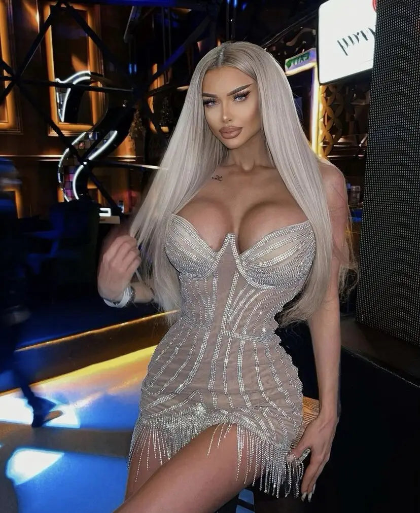 Black Khaki Pearls Sparkly Tassels Birthday Dress Women Sexy Club Wear Strapless Party Night Celebrity Mini Dress