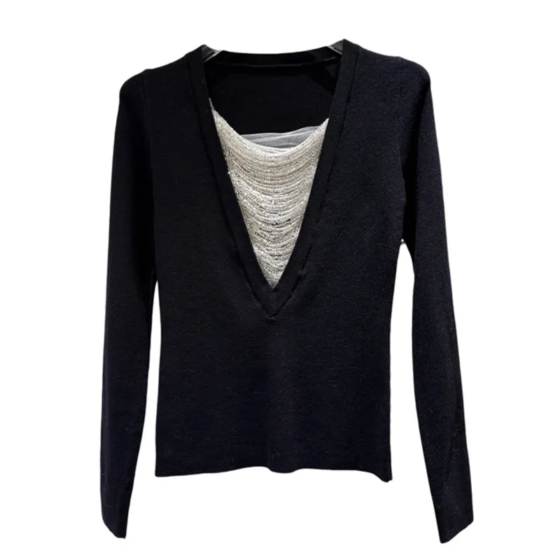 Winter New Fashion V-Neck Beaded Diamond Chain Design Knitted Sweater For Women Versatile Solid Color Top 11A07524
