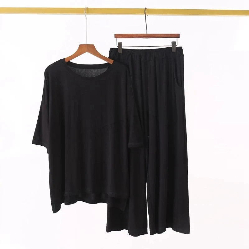 Plus Size 7XL 150K Summer Modal Pajamas Sets Short Sleeve Top and Pants Women Soft Sleepwear Suit Home Women Female Sleepwear black