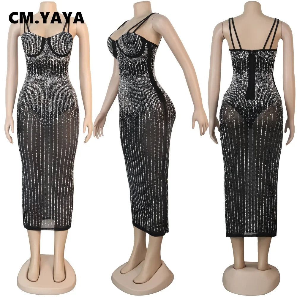 Mesh See Though Hot Rhinestones Plunging V-neck Midi Bodycon Dress Women Sexy Club Party Dresses Pencil Vestidos