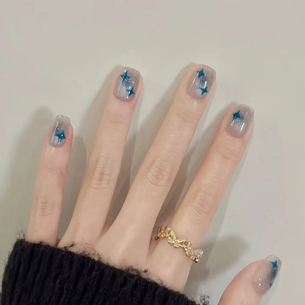 24Pcs False Nails French Gradient Ballet Fake Nails Press on Nails Black Heart Rhinestone Design Glitter Full Cover Nail Tips 39