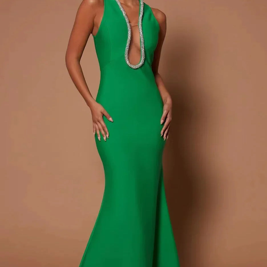 Factory Wholesale Women's Multi-Color V-Neck Diamond Sexy Boutique Celebrity Cocktail Party Bandage Long Dress