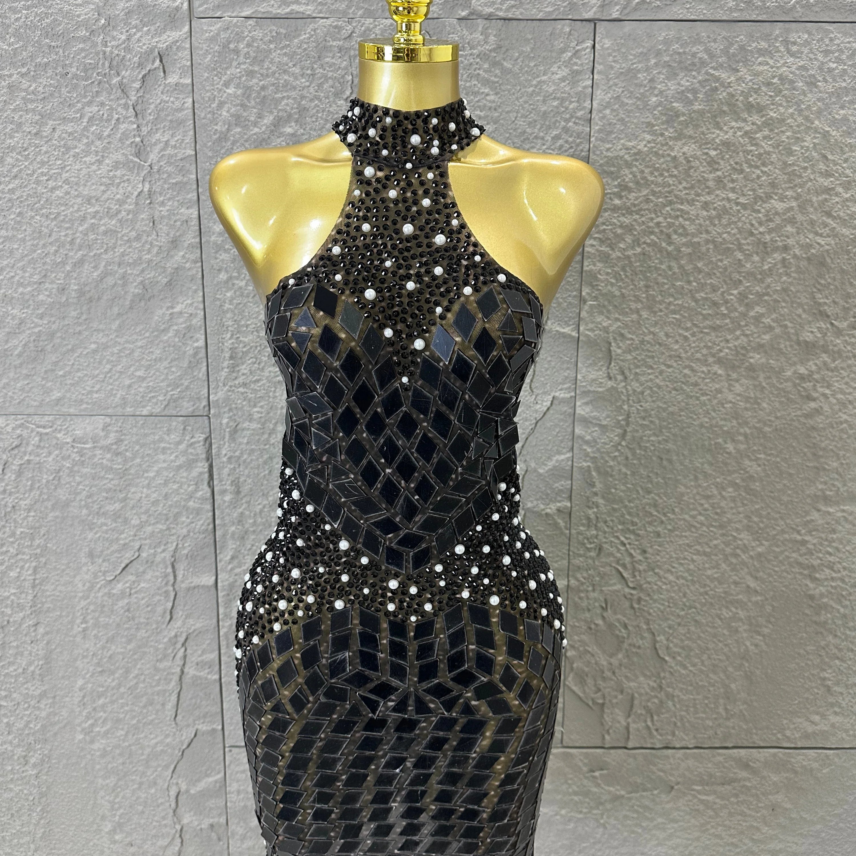 Luxury Gold Halter Neck Mini Dress Diamond Mirror Pearl Beaded Bodycon Nightclub Party Clubwear Outfit